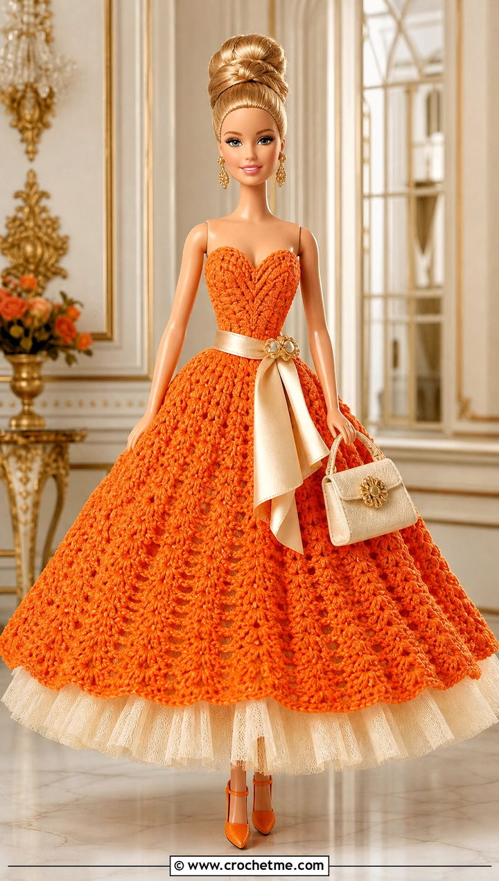Mandarin Orange Basque Waist Crochet Barbie Ball Gown - 30 crochet barbie ball gowns outfit ideas