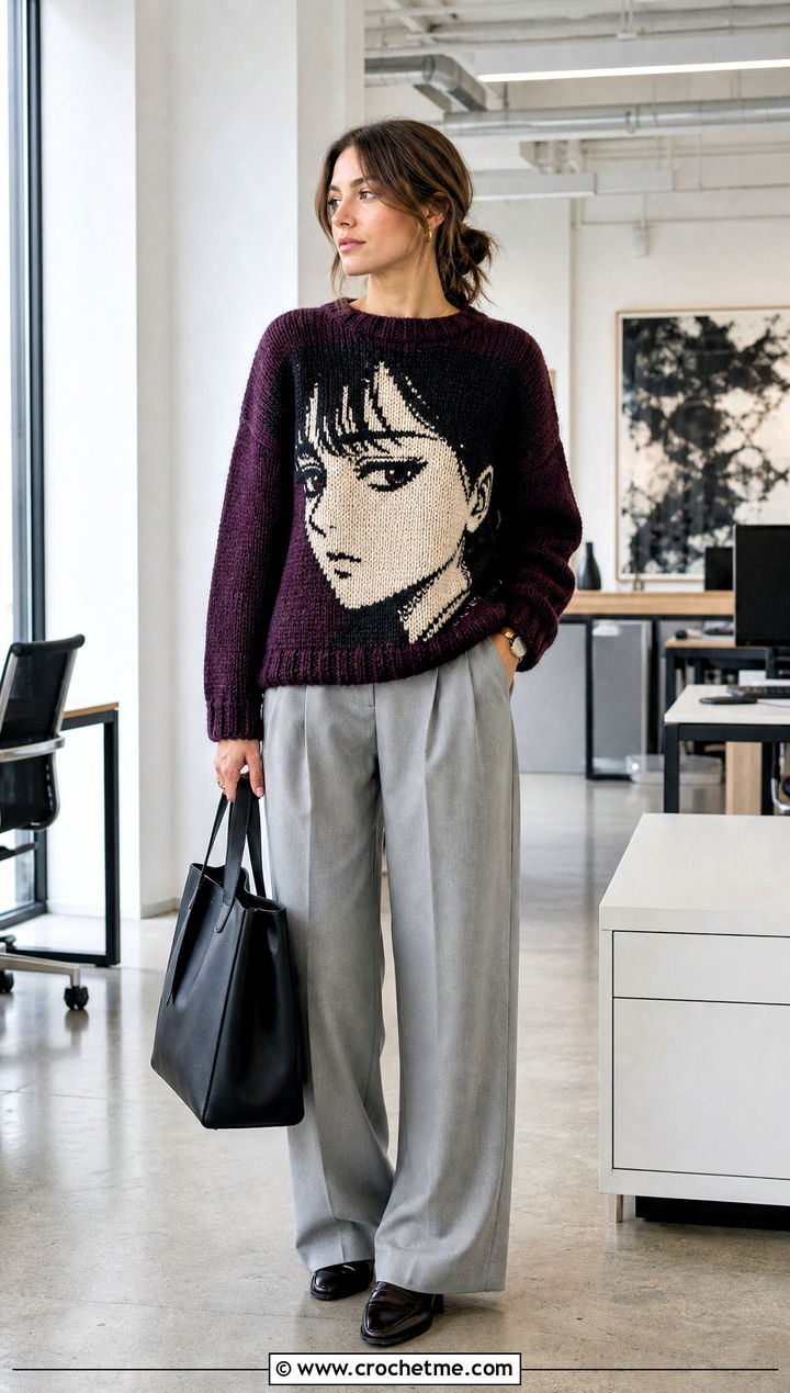 Manga Face Crochet Sweater With Wide Leg Suit Pants - 30 Anime Crochet Sweater outfit ideas