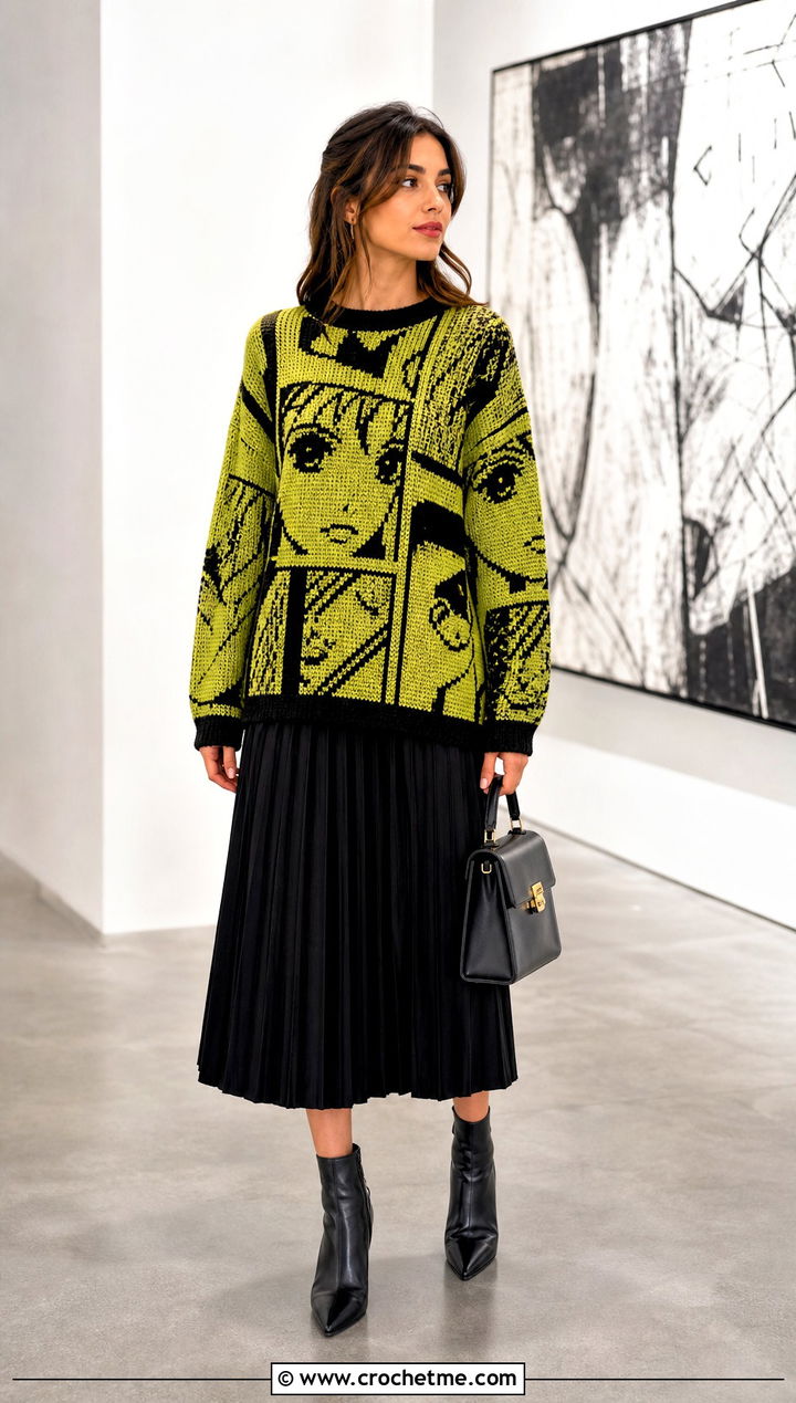 Manga Panel Tapestry Crochet Sweater With Pleated Midi Skirt - 30 Anime Crochet Sweater outfit ideas