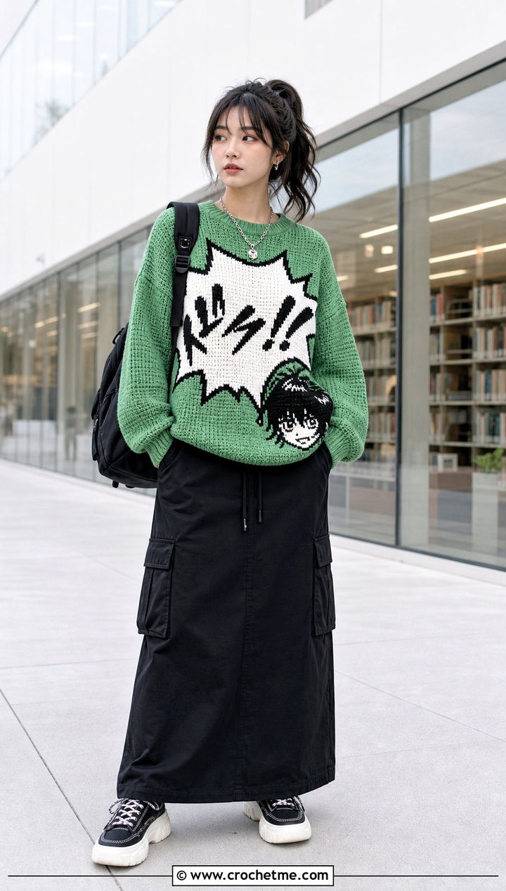 Manga Speech Bubble Crochet Sweater With Cargo Maxi Skirt - 30 Anime Crochet Sweater outfit ideas