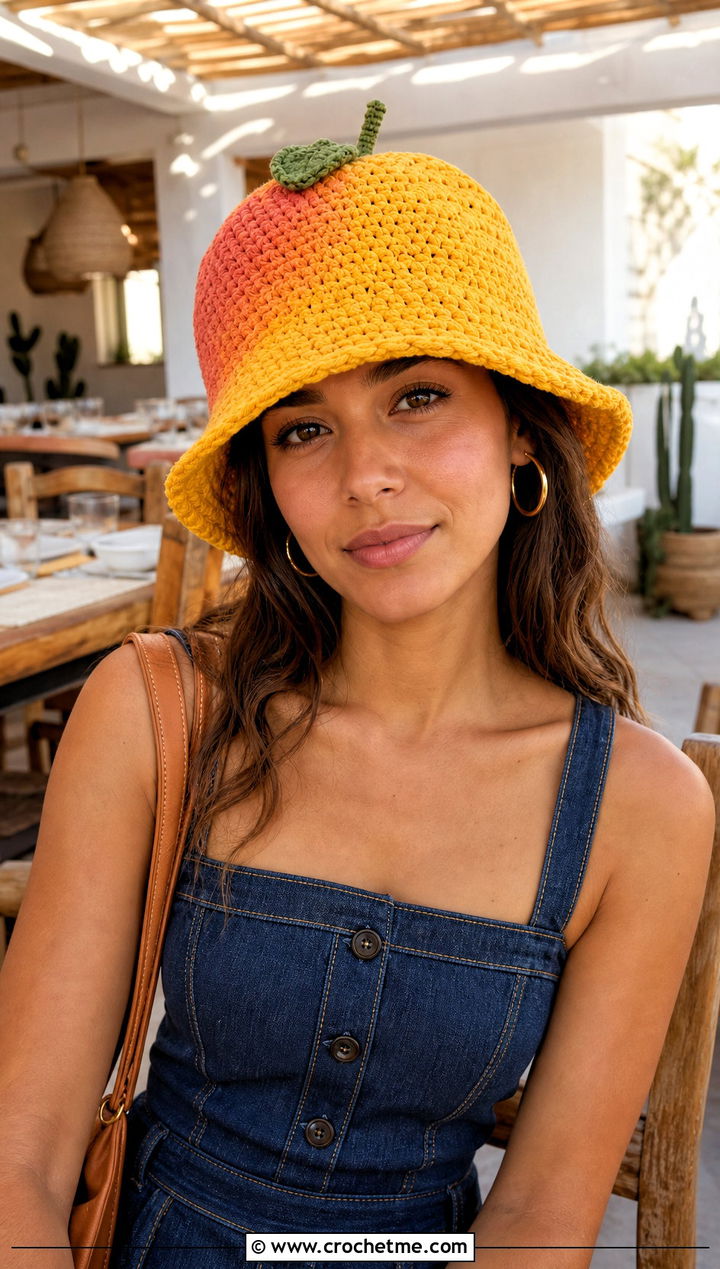 Mango Crochet Fruit Bucket Hat With Denim Midi Dress - 25 crochet fruit bucket hat outfit ideas