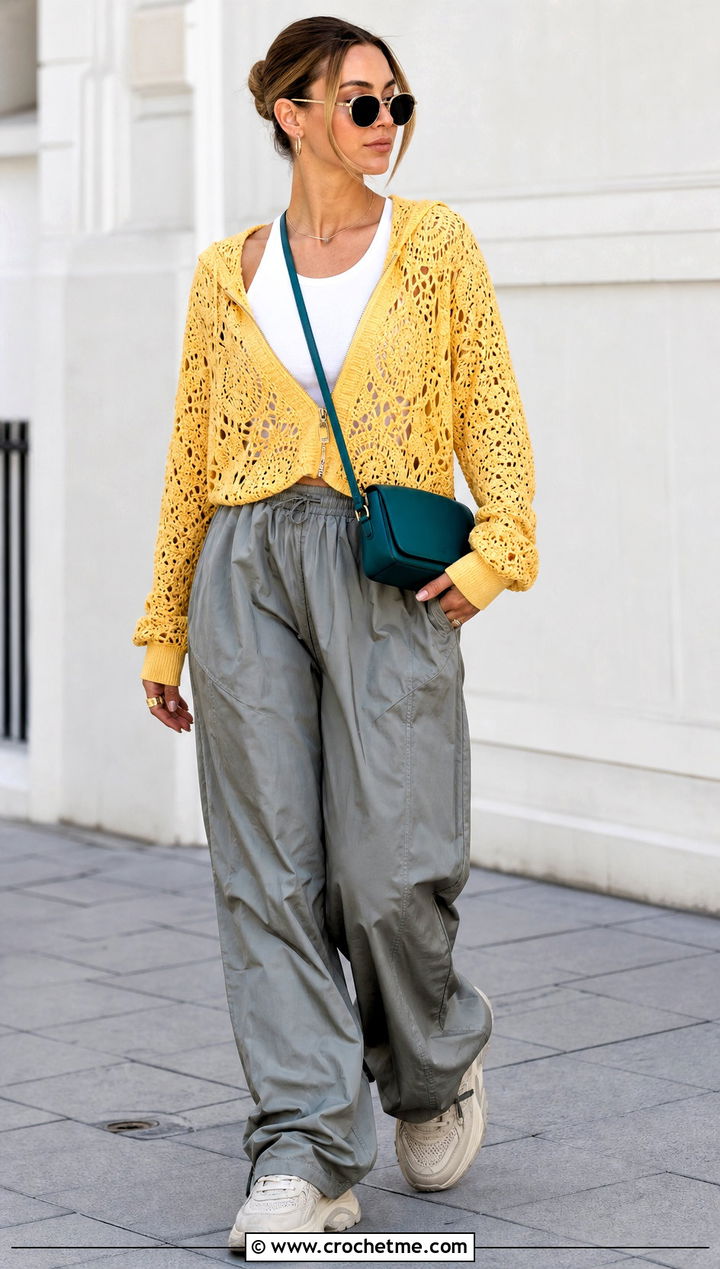 Mango Yellow Hooded Lace Crochet Sweater With Parachute Pants - 15 Yellow Lace Crochet Sweater outfit ideas