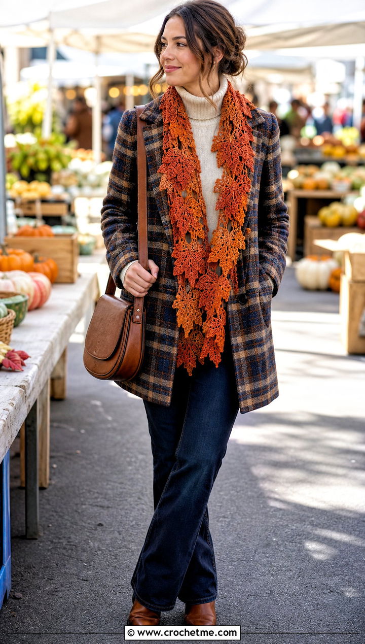 Maple Leaf Scarf With Plaid Coat - 25 crochet leaf scarf outfit ideas