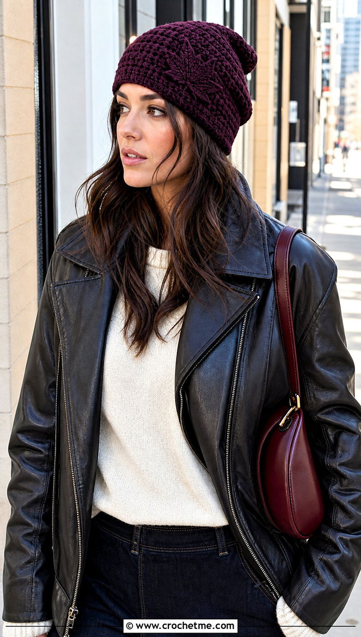 Maple Leaf Slouch Hat With Leather Jacket - 25 Crochet Leaf Hat outfit ideas