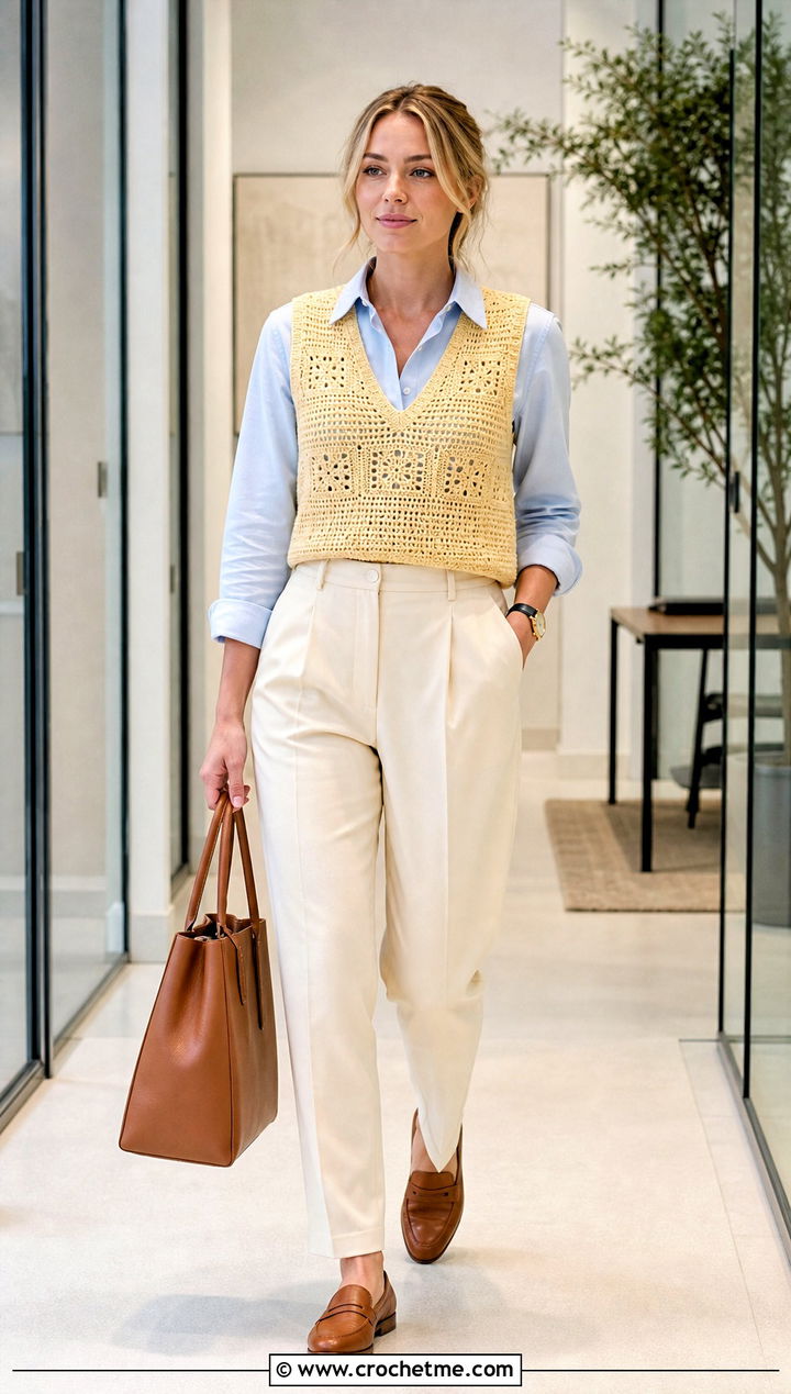 Margot Robbie Crochet Vest With Pleated Trousers - 25 Celebrities Crochet Outfit ideas
