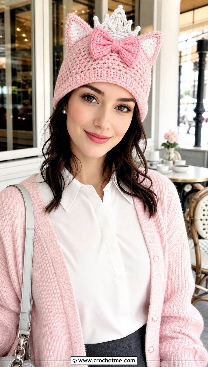 Marie Cat Ear Beanie With Pink Cardigan - 25 Crochet Disney Beanie outfit ideas