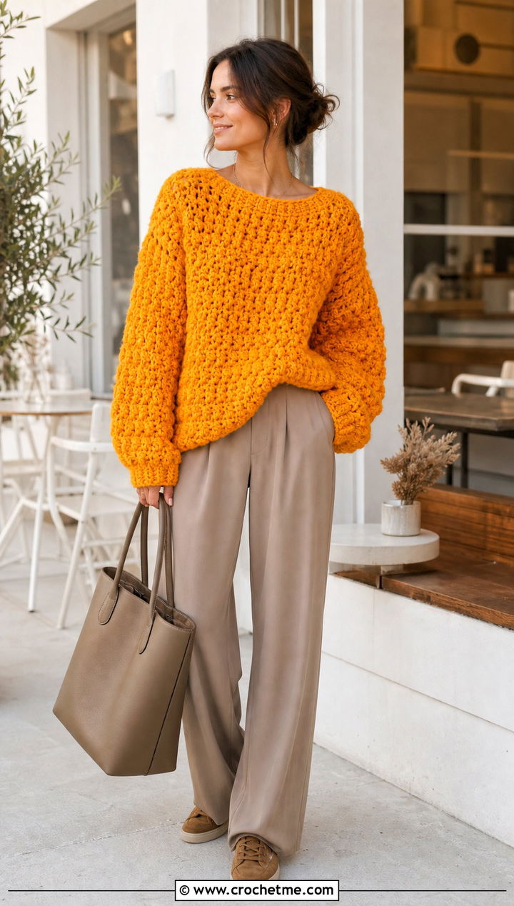 Marigold Chunky Sweater With Dark Beige Trousers - 30 flower crochet sweater outfit ideas