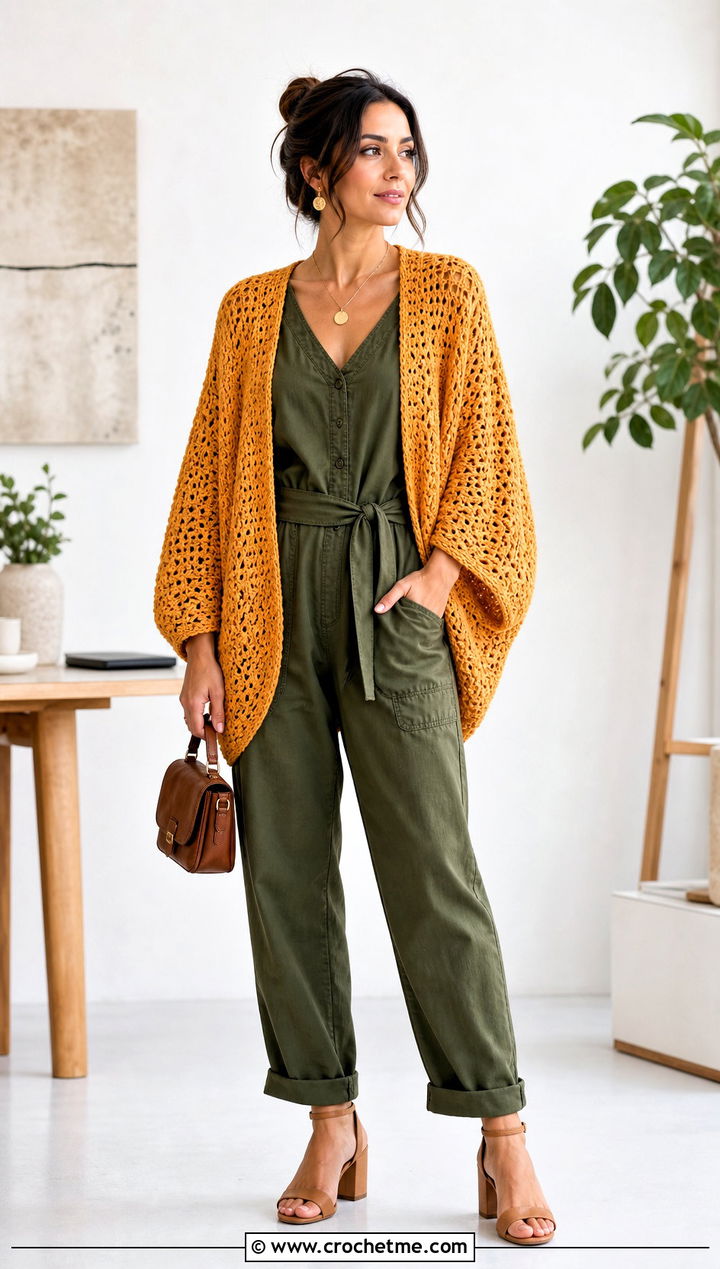 Marigold Crochet Cocoon Sweater With Jumpsuit - 35 crochet light sweater outfit ideas