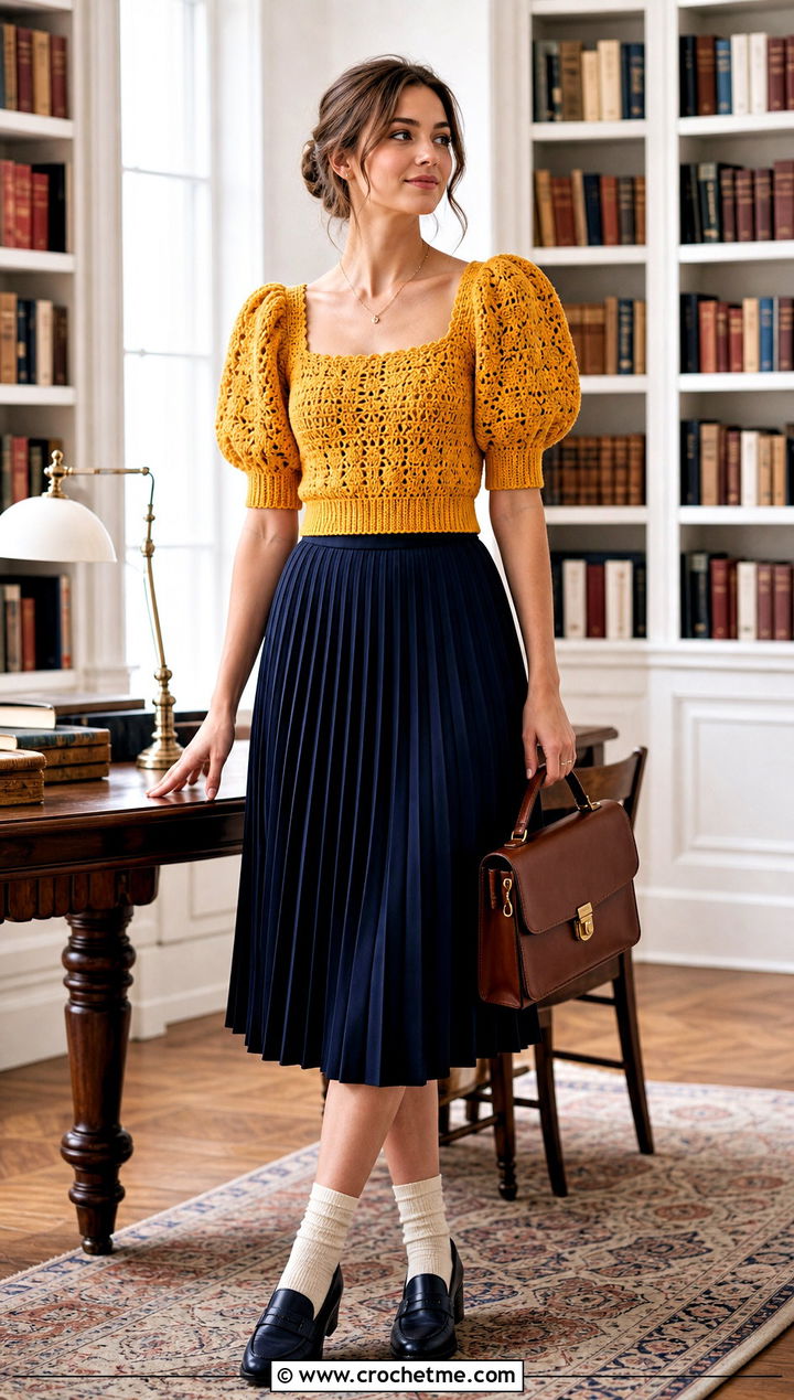 Marigold Crochet Puff Sleeve Barbie Top With Pleated Skirt - 30 crochet barbie top outfit ideas