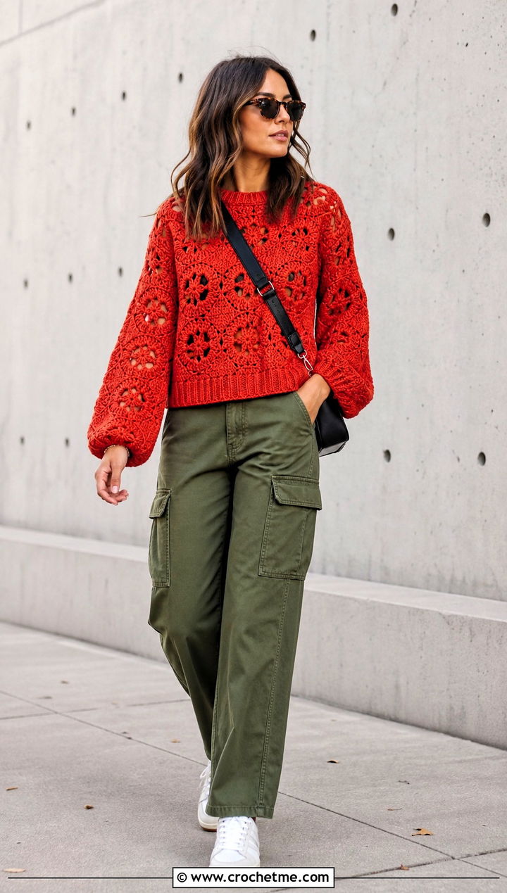Marigold Crochet Sweater With Cargo Pants - 15 Marigold Crochet Sweater outfit ideas
