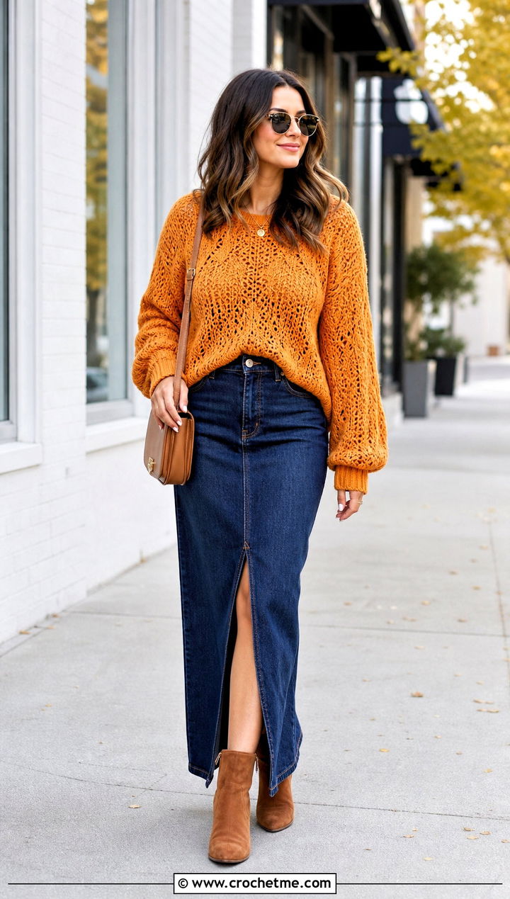 Marigold Crochet Sweater With Denim Maxi Skirt - 15 Marigold Crochet Sweater outfit ideas