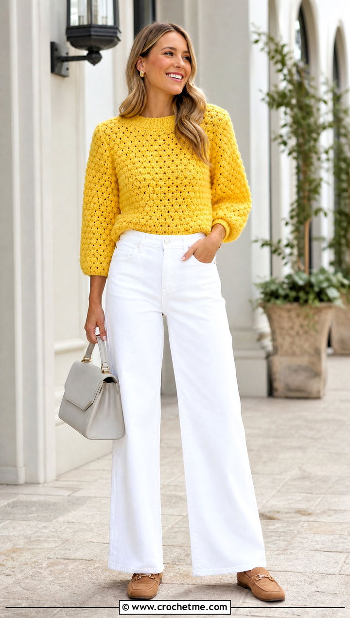 Marigold Crochet Sweater With White Wide Leg Jeans - 15 Marigold Crochet Sweater outfit ideas