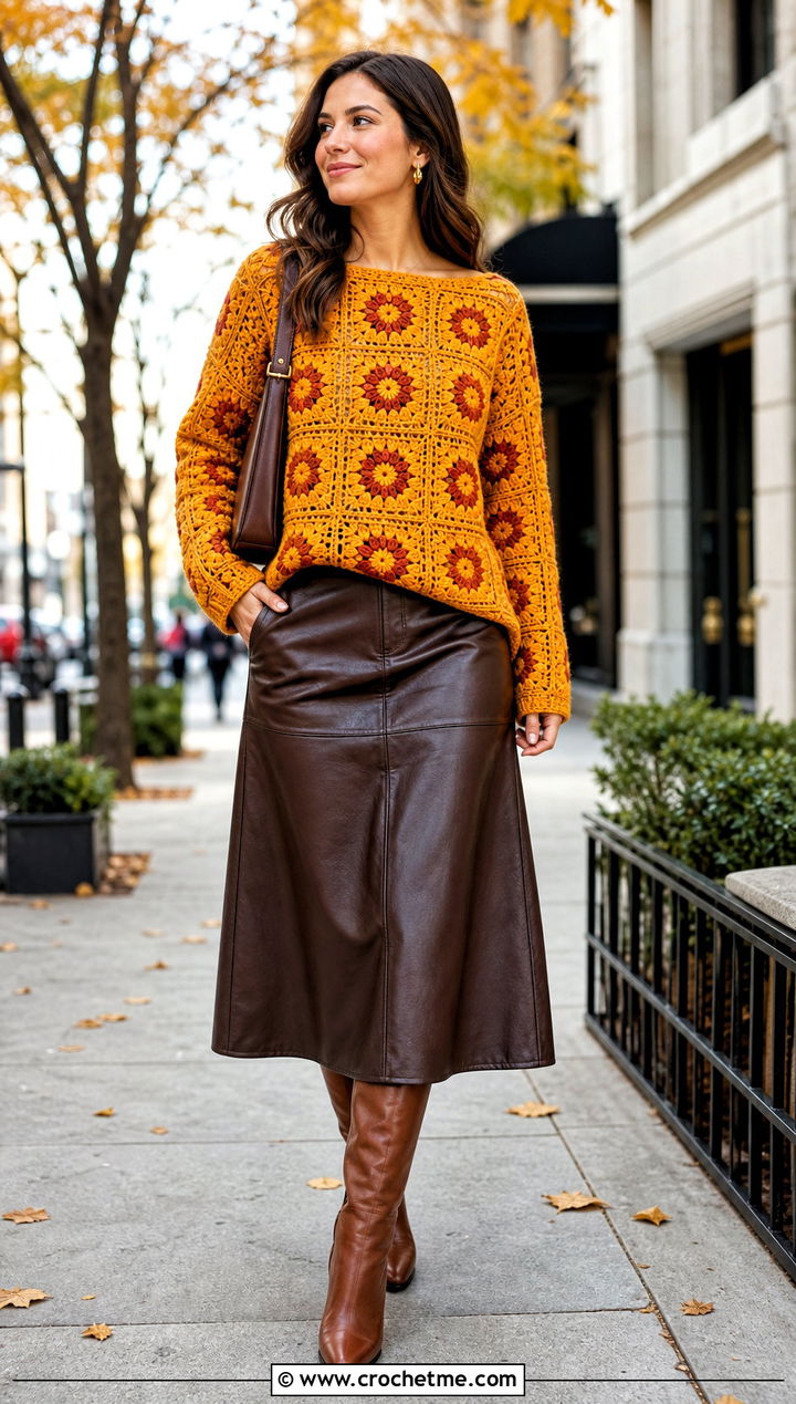 Marigold Granny Square Sweater With Brown Leather Skirt - 30 flower granny square sweater outfit ideas