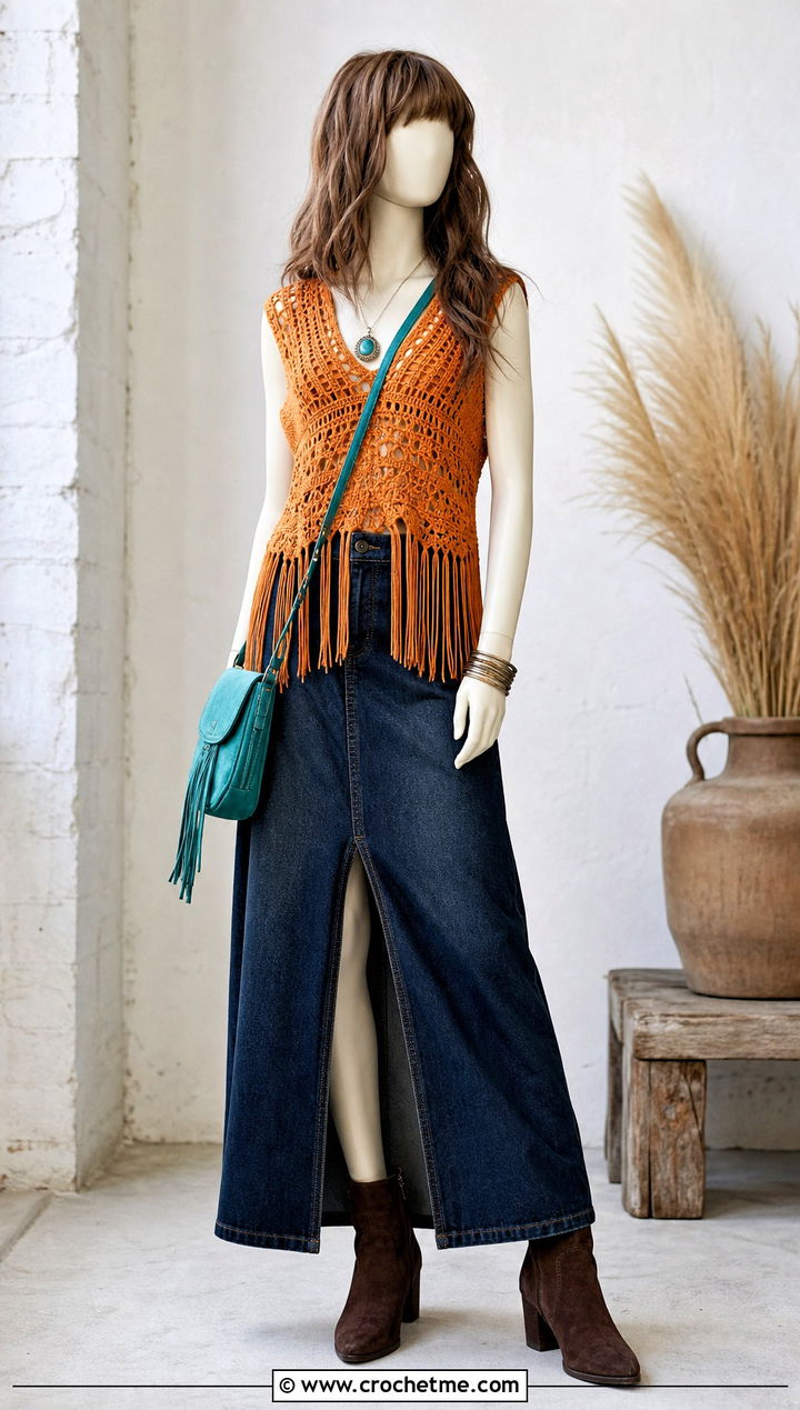 Marigold Orange Fringe Crochet Top With Denim Maxi Skirt - 15 orange crochet top on mannequin outfit ideas