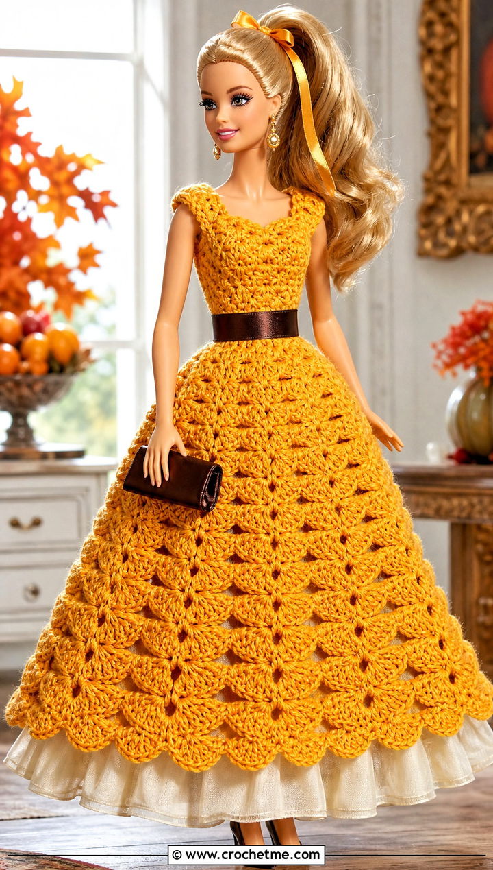 Marigold Shell Stitch Crochet Barbie Ball Gown - 30 crochet barbie ball gowns outfit ideas