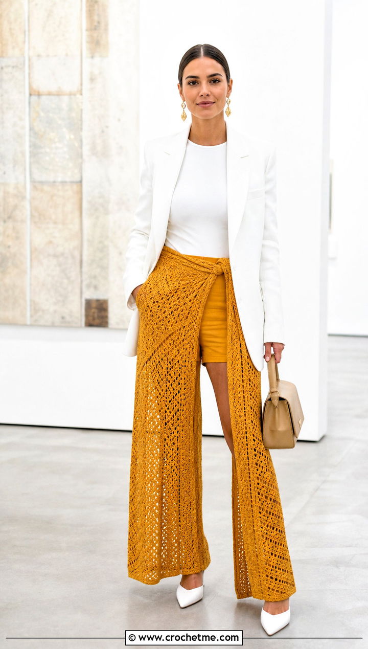 Marigold Wide Leg Crochet Wrap Pants With White Blazer - 15 crochet wrap around pants outfit ideas
