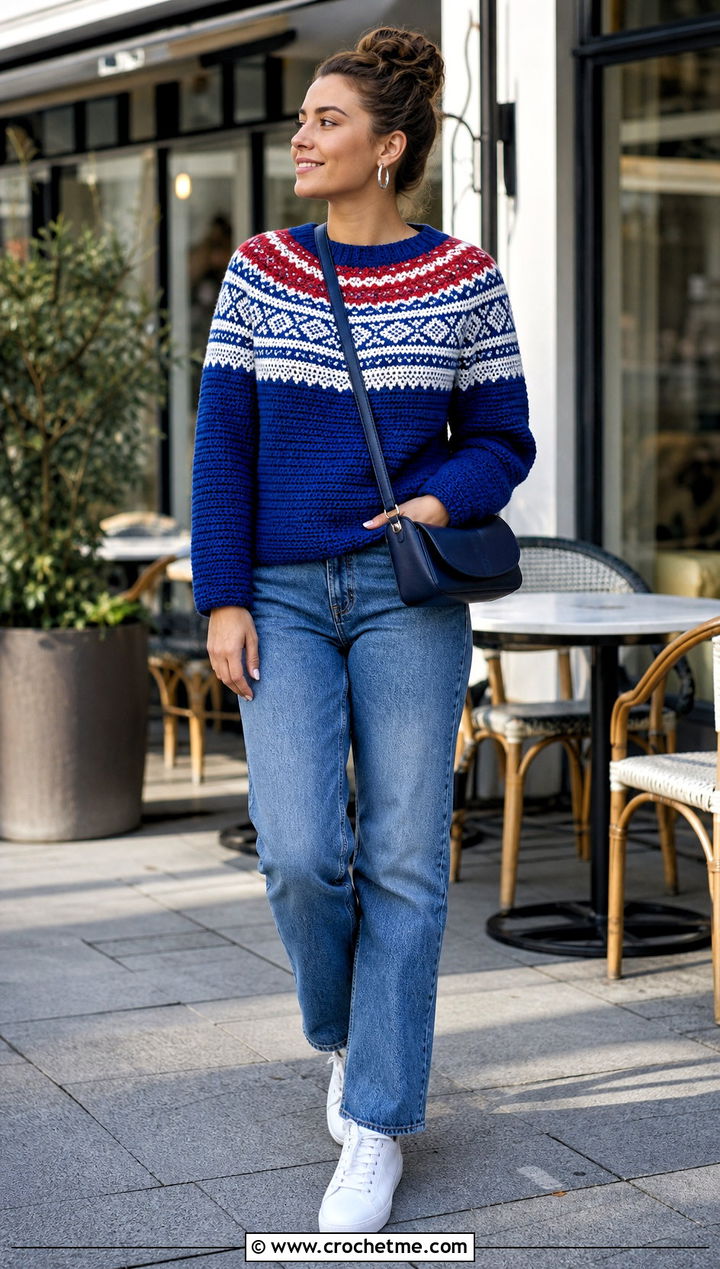 Marius Pattern Norwegian Crochet Sweater With Straight Leg Jeans - 20 Norwegian Crochet Sweater outfit ideas