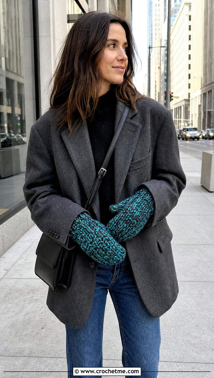 Marled Bulky Crochet Mittens With Blazer And Jeans - 20 Crochet Mittens Bulky Yarn outfit ideas