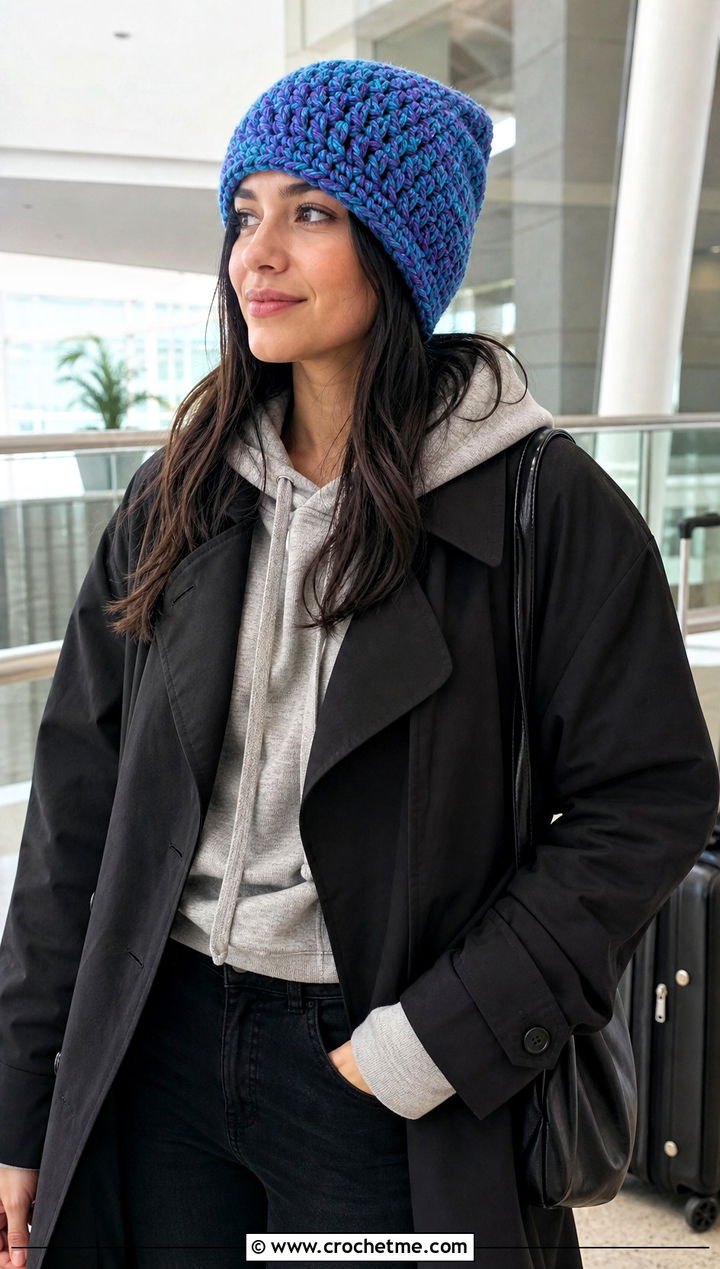 Marled Bulky Yarn Crochet Beanie With Hoodie And Trench Coat - 30 bulky yarn crochet beanie outfit ideas