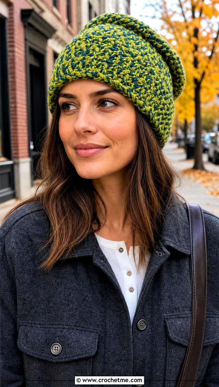 Marled Chunky Beanie With Shacket - 35 crochet chunky beanie outfit ideas