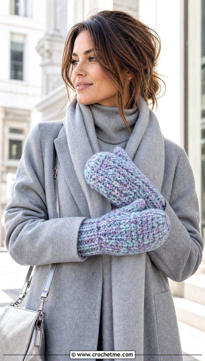 Marled Chunky Crochet Mittens With Monochrome Outfit - 20 Chunky Yarn Crochet Mittens outfit ideas