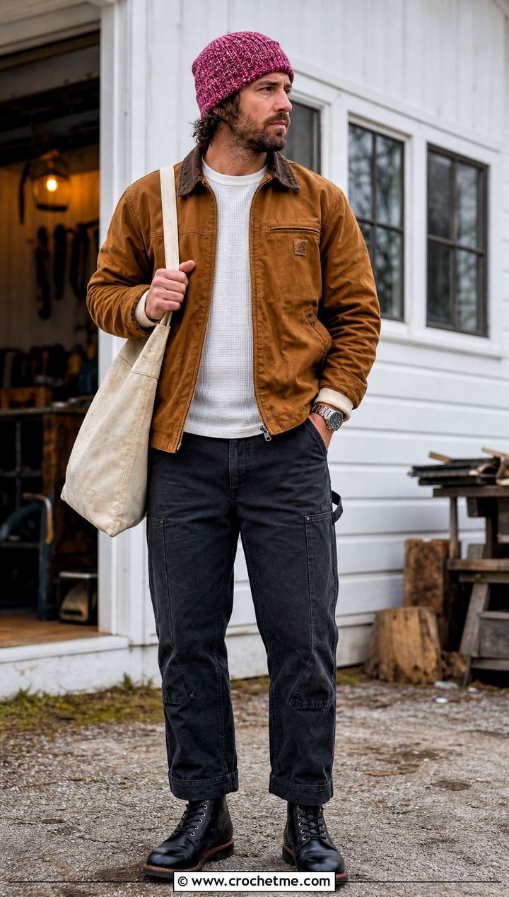 Marled Crochet Beanie With Canvas Work Jacket - 35 Men Crochet Beanie outfit ideas