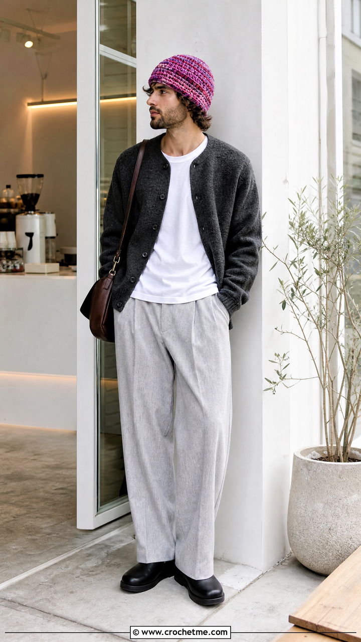 Marled Crochet Beanie With Cardigan And Relaxed Trousers - 35 crochet beanie for men outfit ideas