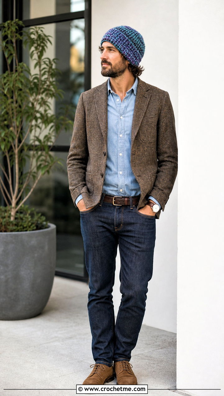 Marled Crochet Beanie With Tweed Blazer - 35 mens crochet beanie outfit ideas