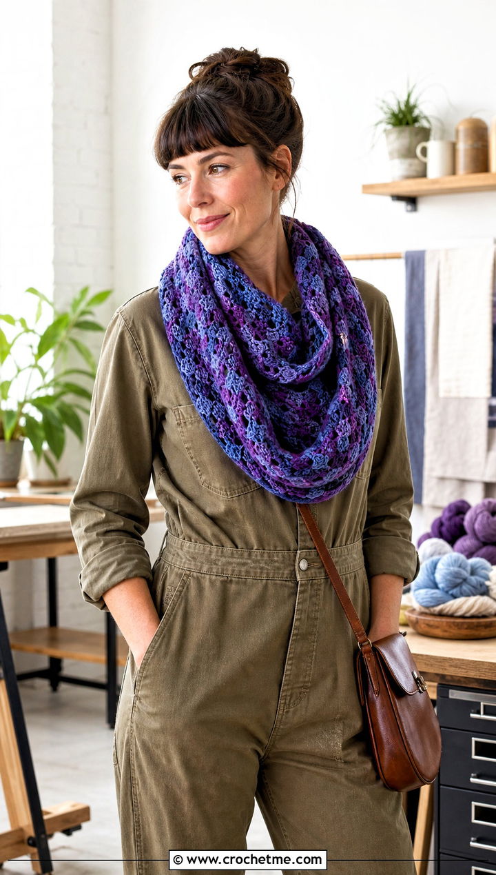 Marled Crochet Infinity Scarf With Workwear Jumpsuit - 30 crochet infinity scarves outfit ideas