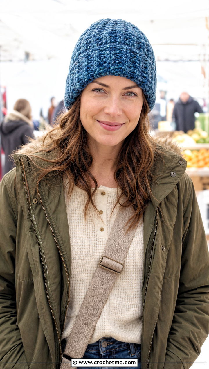 Marled Crochet Ribbed Beanie With Parka - 20 easy crochet ribbed beanie outfit ideas