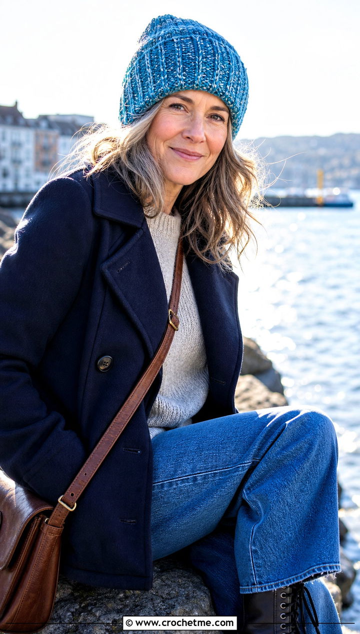 Marled Crochet Ribbed Hat With Peacoat And Jeans - 20 Easy Crochet Ribbed Hat outfit ideas