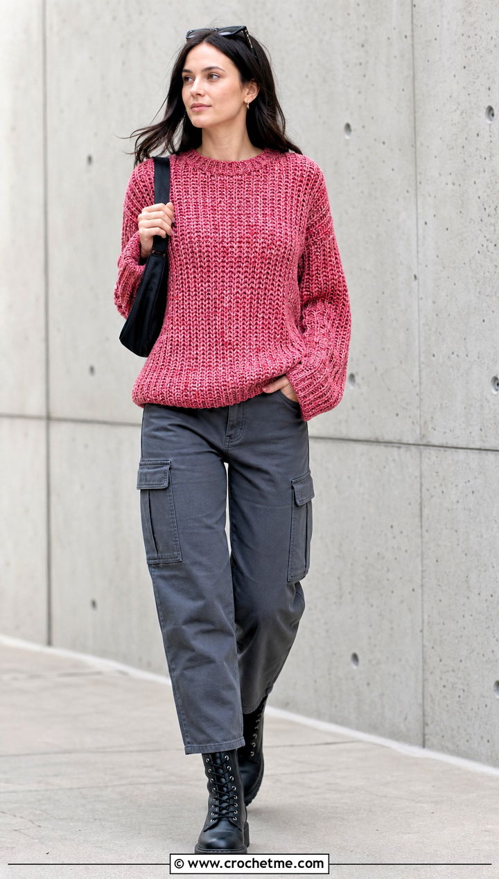 Marled Crochet Ribbed Sweater With Cargo Pants - 35 crochet ribbed sweater outfit ideas