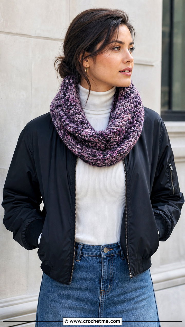 Marled Crochet Snood Scarf With a Denim Midi Skirt - 25 crochet snood scarf outfit ideas