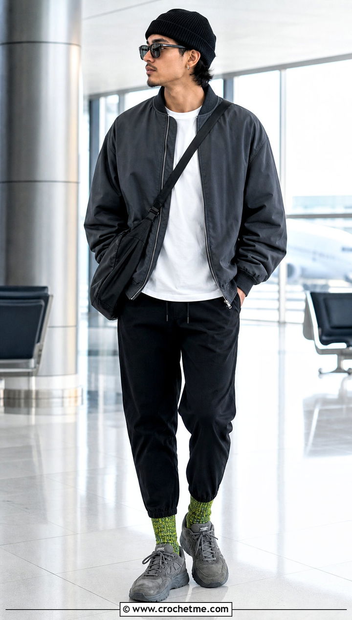Marled Crochet Socks With Bomber Jacket And Track Pants - 25 men's crochet socks outfit ideas