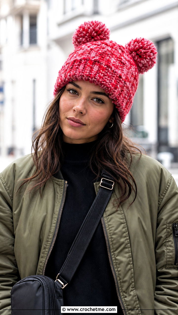 Marled Double Pom Pom Hat With Cargo Pants - 25 Crochet Double Pom Pom Hat outfit ideas