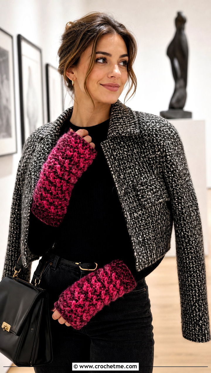 Marled Fingerless Gloves With Boucle Jacket - 25 Crochet Fingerless Gloves Bulky Yarn outfit ideas