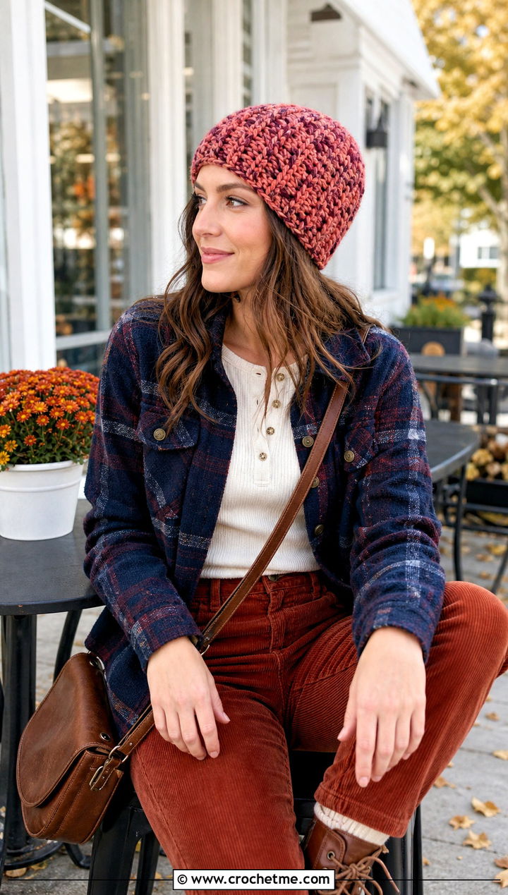 Marled Glacier Crochet Beanie With Plaid Shacket - 15 Glacier Crochet Beanie outfit ideas