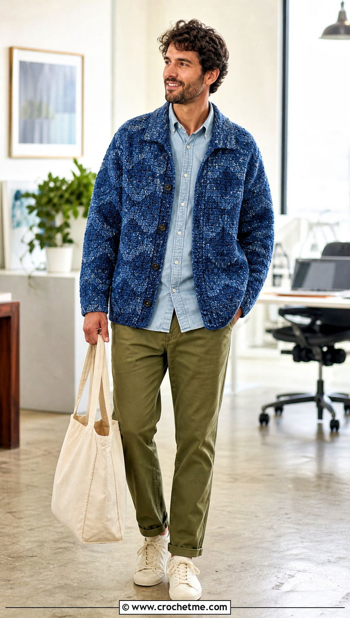 Marled Hexagon Crochet Cardigan With Chambray Shirt - 35 men hexagon crochet cardigan outfit ideas