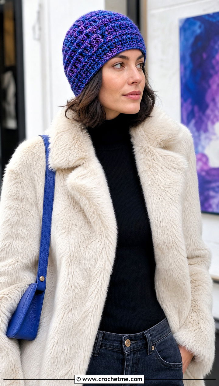 Marled Knit Look Crochet Beanie With Faux Fur Coat - 20 Crochet Beanie That Looks Like Knit outfit ideas