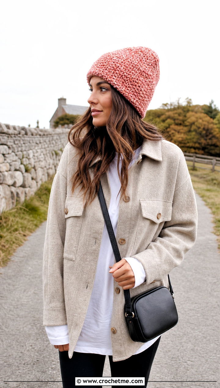 Marled Moss Stitch Beanie With Shacket and Leggings - 25 Crochet Moss Stitch Hat outfit ideas