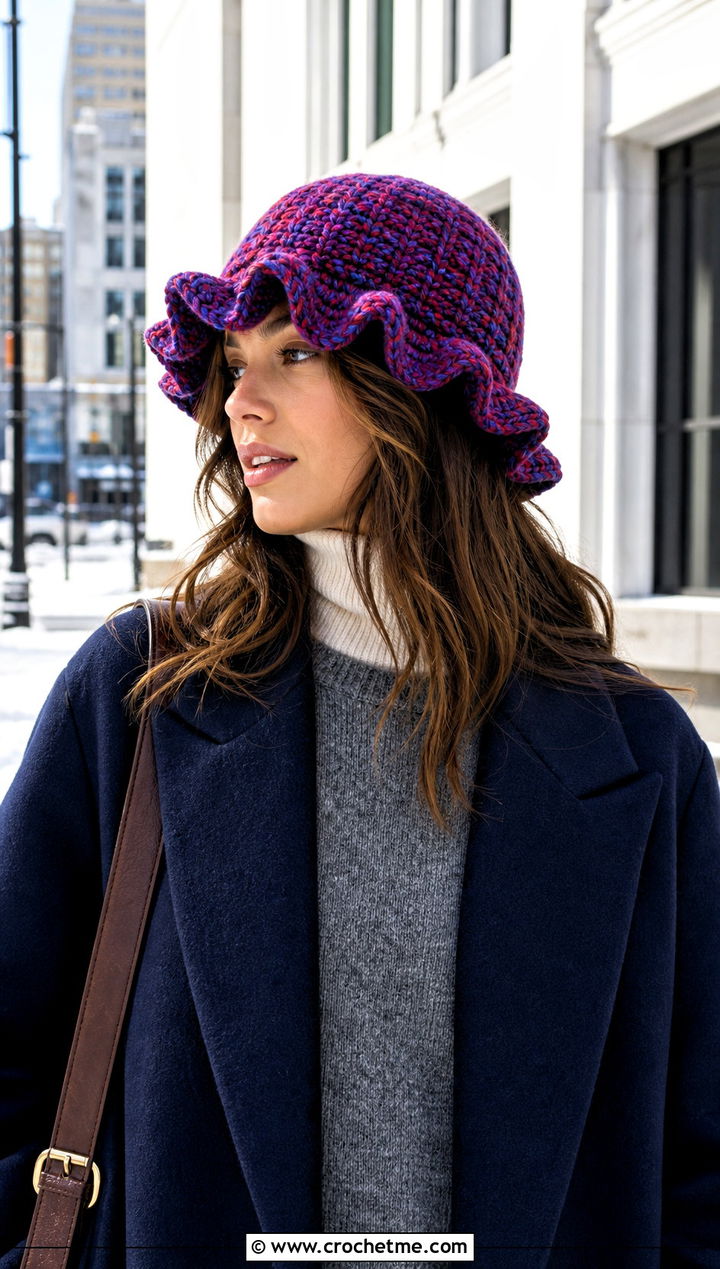 Marled Ruffle Crochet Bucket Hat With Cozy Winter Layers - 25 ruffled crochet bucket hat outfit ideas