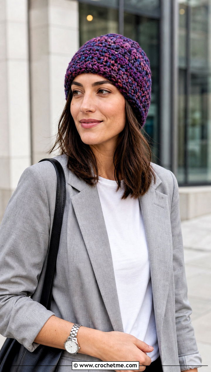 Marled Scrap Yarn Crochet Beanie With Tailored Suit - 30 scrap yarn crochet beanie outfit ideas