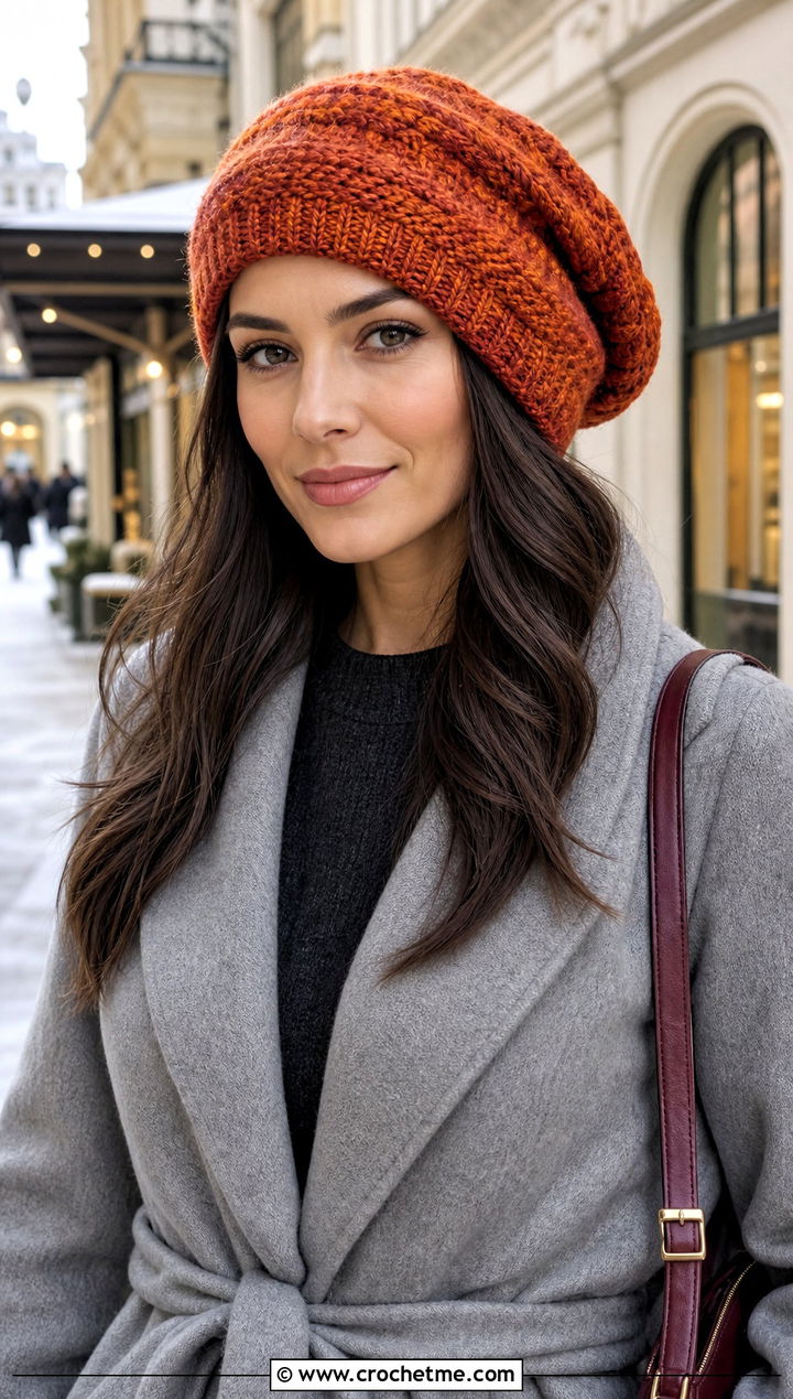 Marled Short Row Slouch Hat With Sweater Dress - 25 Crochet Short Rows Hat outfit ideas