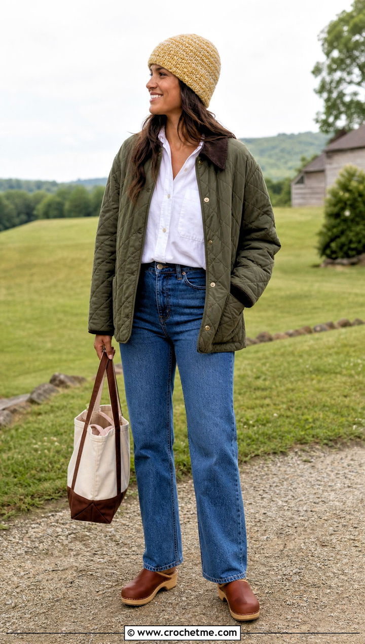 Marled Single Crochet Beanie With Quilted Jacket And Straight Jeans - 35 single crochet beanie outfit ideas