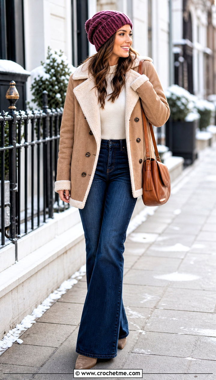 Marled Slouchy Crochet Ribbed Beanie With Shearling Coat And Flared Jeans - 35 crochet ribbed beanie outfit ideas