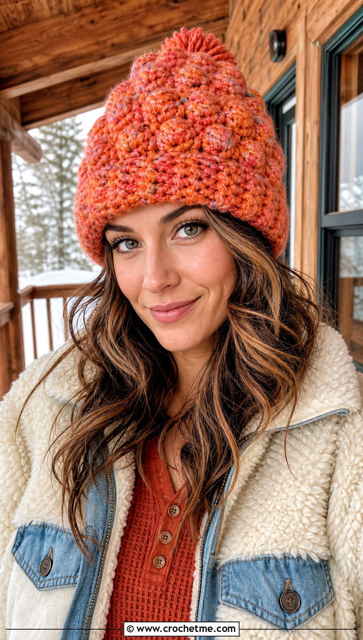 Marled Snowy Puff Crochet Hat With Sherpa Jacket - 15 snowy puff crochet hat outfit ideas