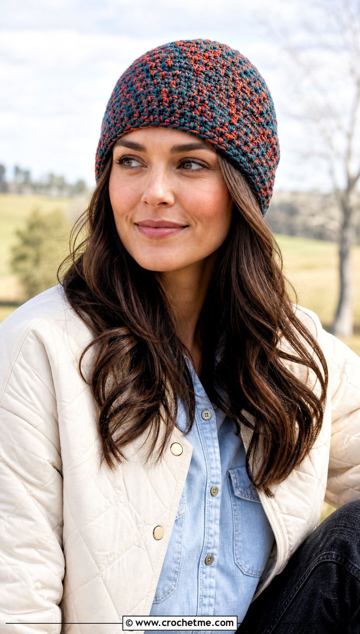 Marled Two Color Crochet Beanie With Quilted Jacket - 30 2 color crochet beanie hat outfit ideas