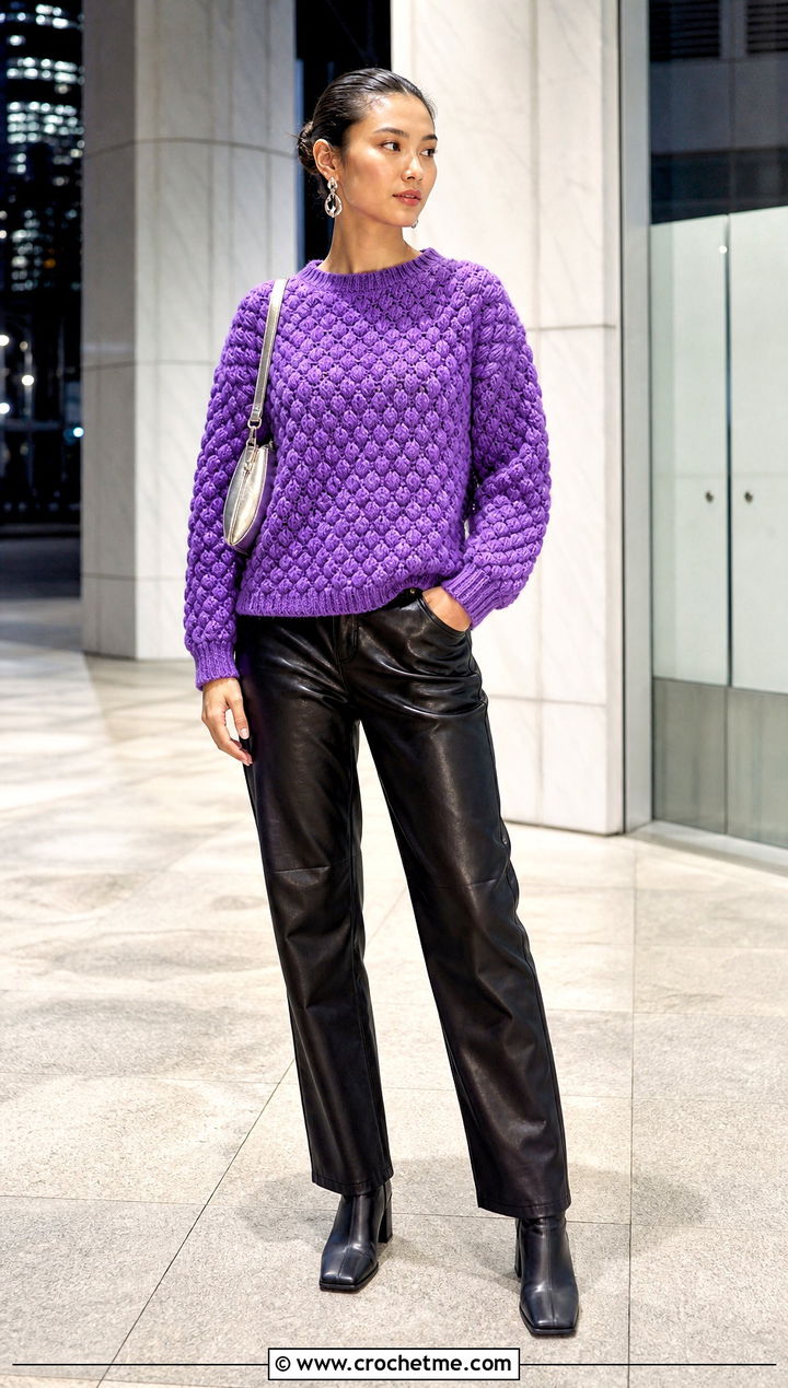 Marshmallow Shell Stitch Crochet Sweater With Leather Pants - 25 Shell Stitch Crochet Sweater outfit ideas
