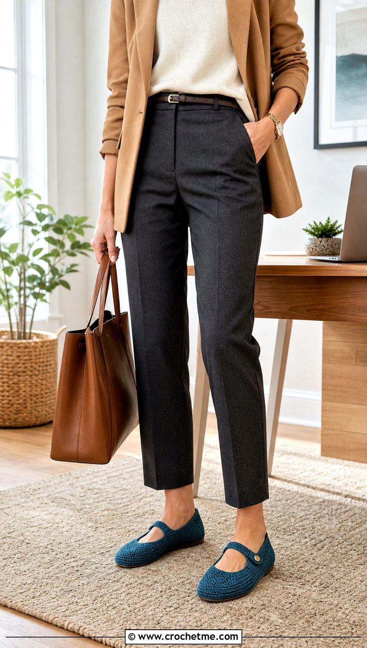 Mary Jane Crochet Slippers With Office Trousers - 35 easy crochet slippers outfit ideas