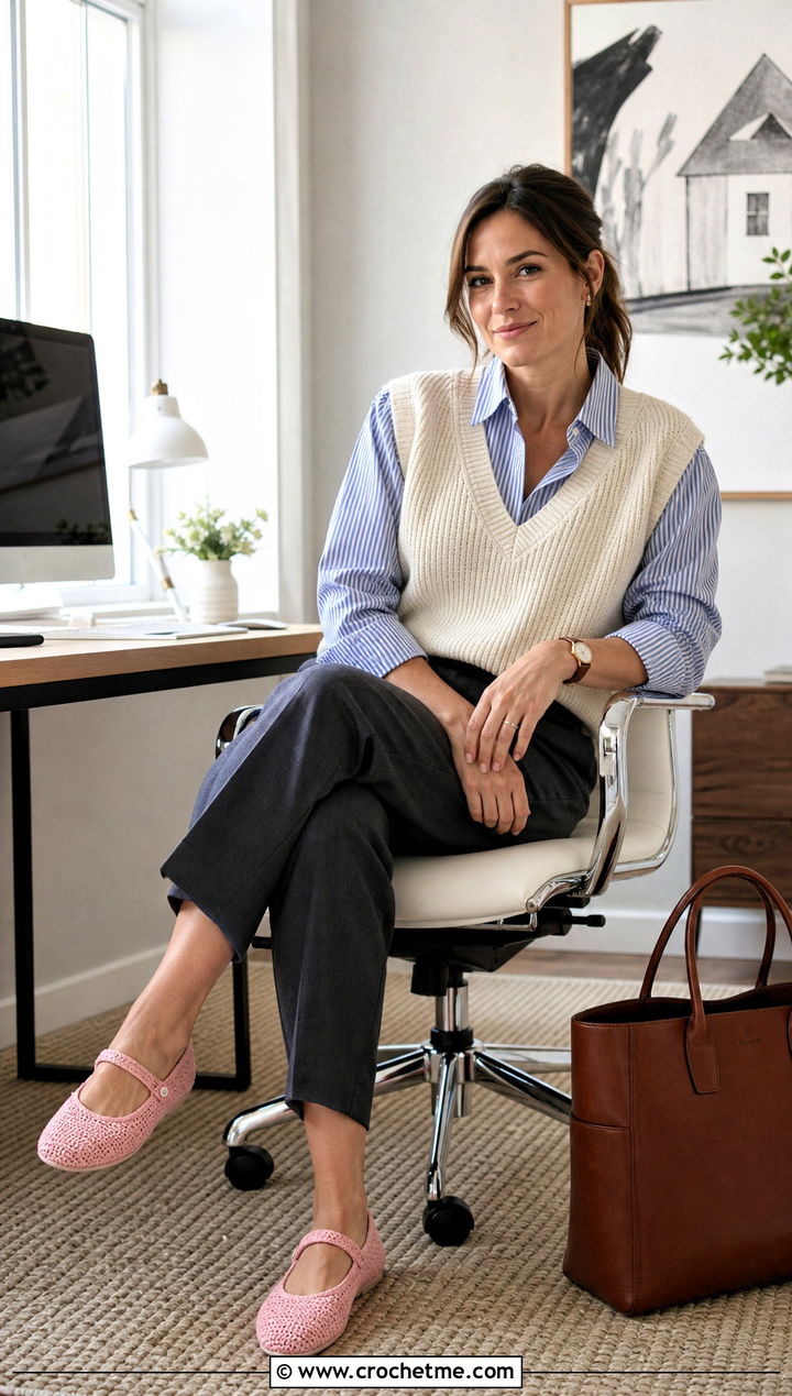 Mary Jane Crochet Slippers With Tailored Trousers - 15 Women's Crochet Slippers outfit ideas